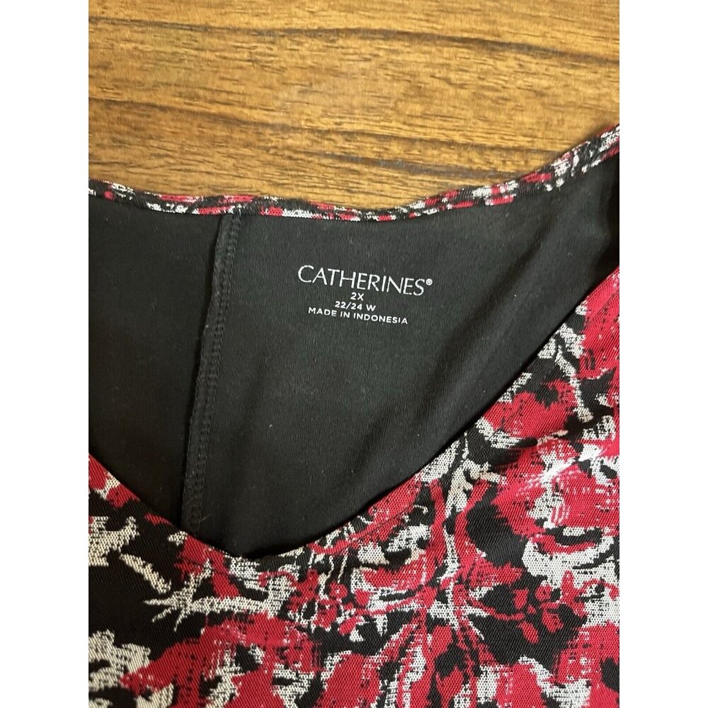 Catherines Top Blouse Tunic Red Black White Size 2x Paisley Floral Leaf - Picture 3 of 8